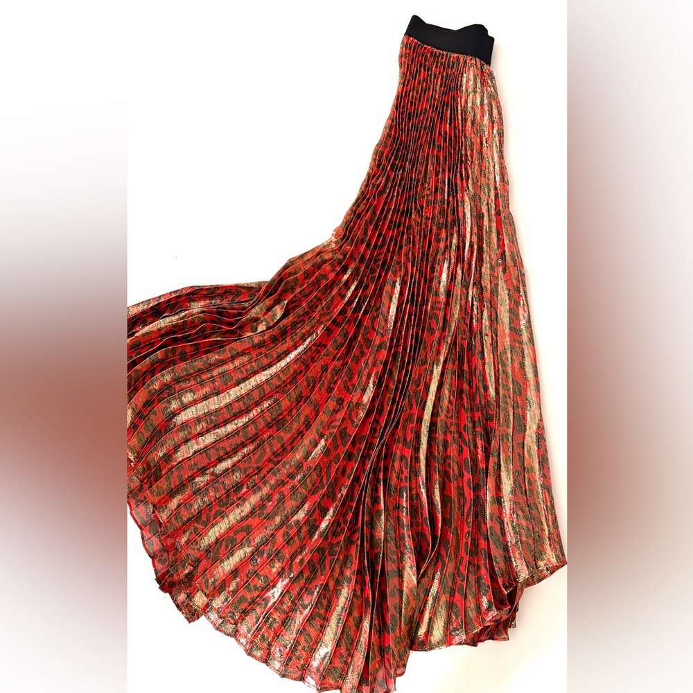 Alice + Olivia Skirt Katz Metallic Leopard Print Pleated Maxi Skirt size 0 - Picture 7 of 16